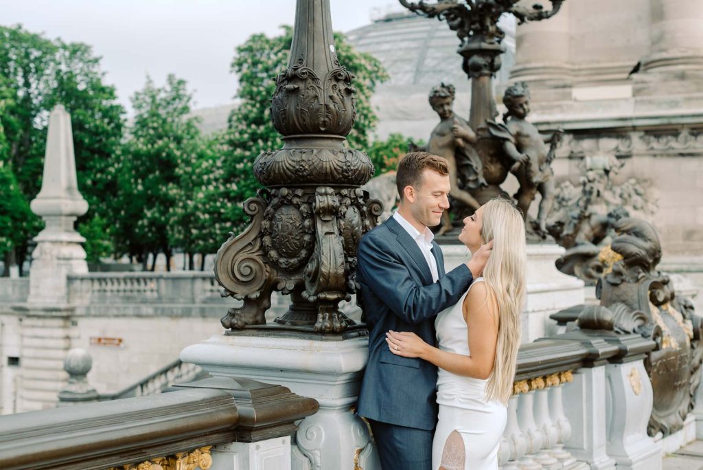 couple on pont alexandre III for engagement session